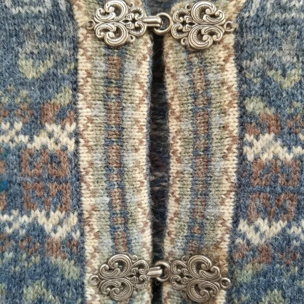 Telluride Clothing Womens XS Wool Fair Isle Cardigan Sweater Blue Chinese Button